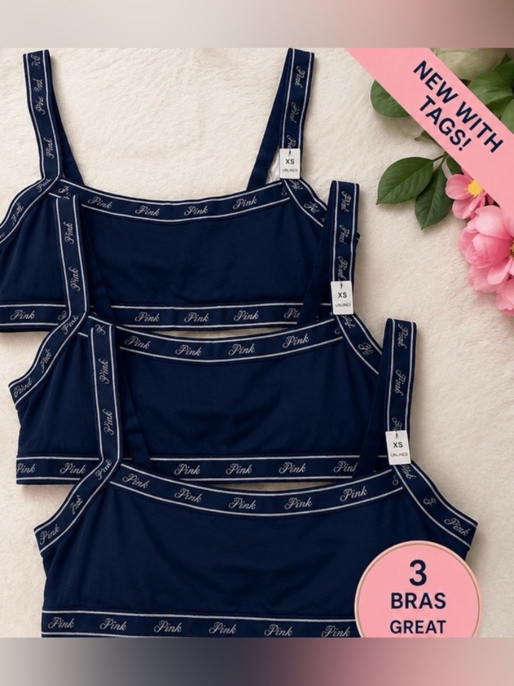 3 PINK Victoria's Secret Dark Blue Bralette Size XS  NWT Lightweight Support